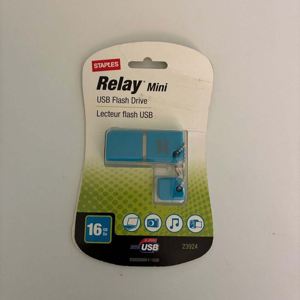 Staples Relay Mini USB Flash Drive 16GB Blue High Speed Thumb Drive 23924 NEW